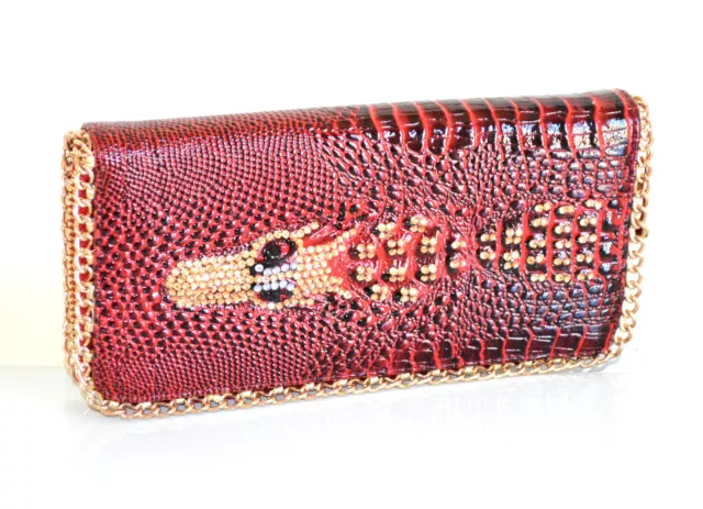 PORTAFOGLIO donna rosso oro dorato borsello strass portamonete catena F130