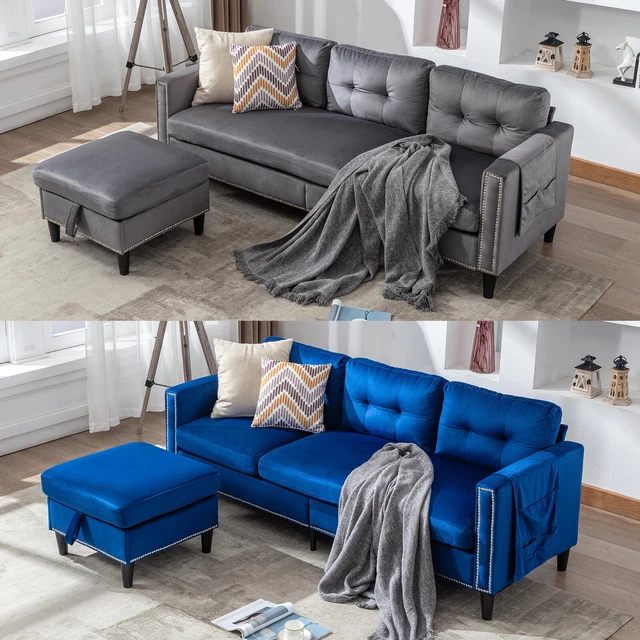 LSHAPE VELVET CONVERTIBLE Sectional 3Seat Sofa Couch Ottoman Chaise