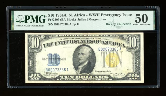 DBR 1934-A $10 North Africa Silver Fr. 2309 PMG AU-50 Serial B02073368A
