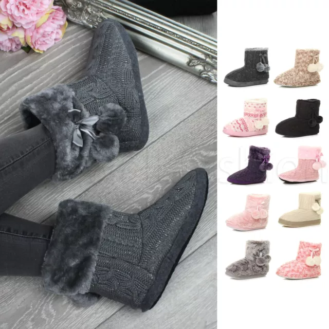 Womens ladies pom pom fur comfort knitted ankle boots house slippers booties