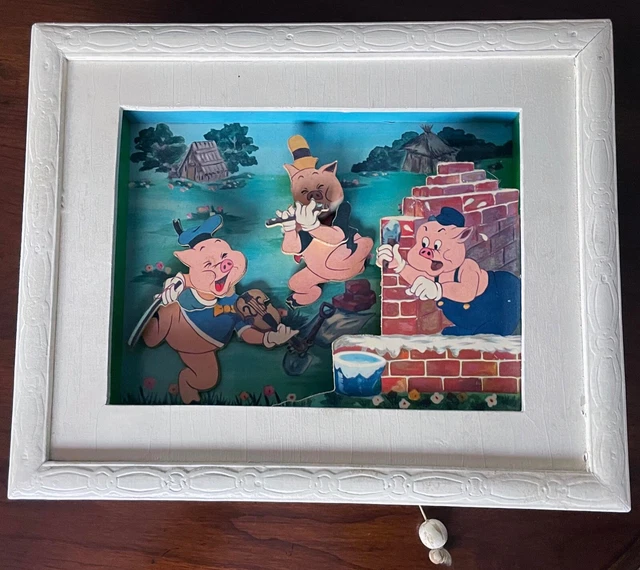 RARE 1946 WALT Disney Three Little Pigs Jaymar Wooden Music Box Works