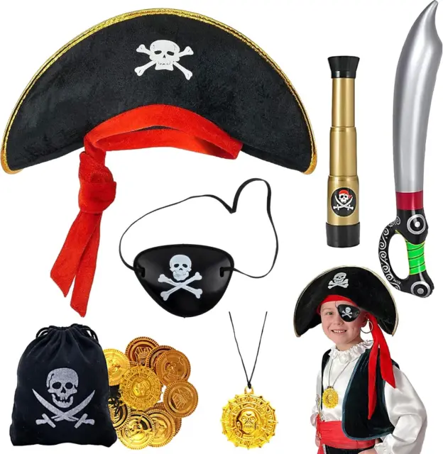 LUKIUP 7 Pcs Piraten Kostüm zubehör, Piratenset für Kinder mit hut, Fernrohr, Au