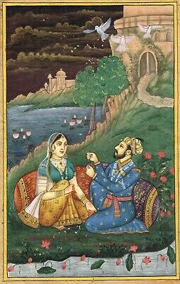 Indien Miniature Ancien Peinture De Moghol Empereur & Empress Enjoying Soirée 3