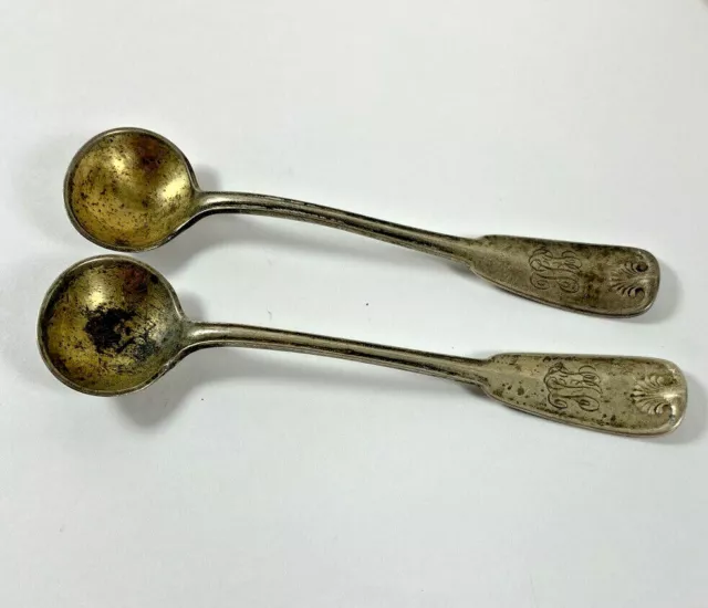 Pair Antique Tiffany & Co Sterling Silver Salt Spoons PALM Pattern Mono 3.5"