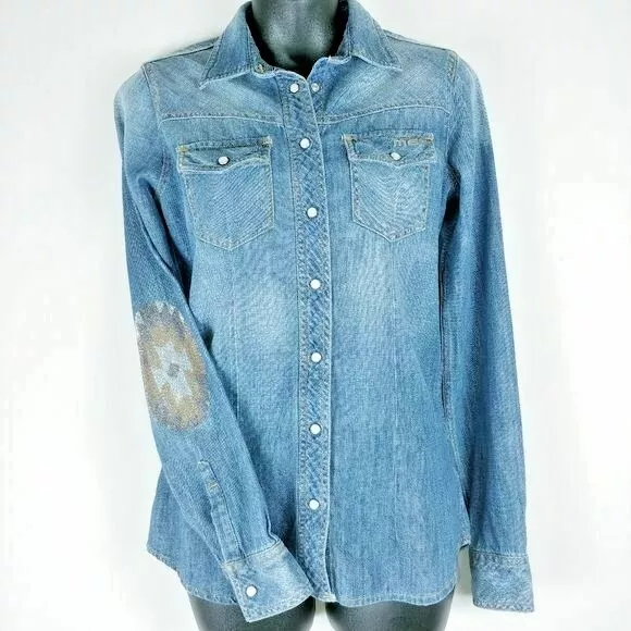 MET In Jeans Womens Chambray Shirt Size XS Snaps Southwest Embellished