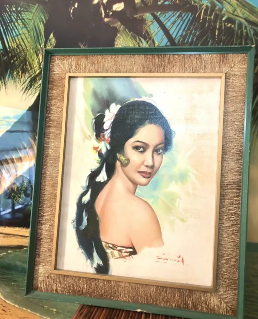 Vintage TIKI Painting Native Island Girl  Hula Wahine Hawaiian Fiji  Beauty art