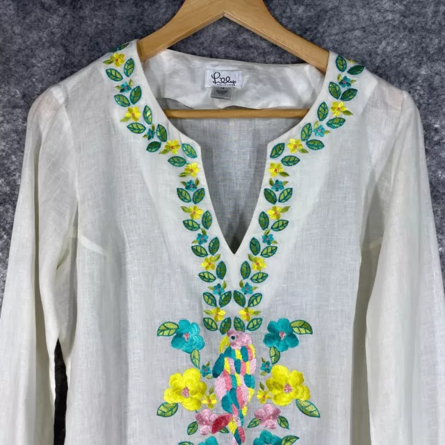 Lilly Pulitzer Shirt Top Women XS White Embroidered Floral Bird Linen Tunic Rare