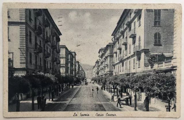 Cartolina La Spezia Corso Cavour animata automobili Liguria paesaggistica T9