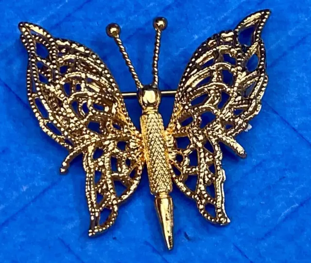 Vintage 1970's Signed MONET Double-Wing Butterfly Gold Tone Brooch Pin