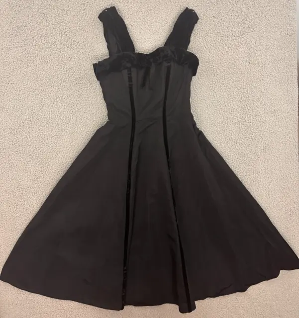 Vintage 50s Swing Dress Womens XS Black Satin Velvet Midi Sleeveless
