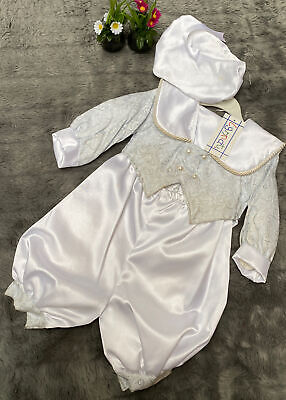 Was £48 LYNNAT Baby Boys 3Piece WHITE Outfit  Tailed Waistcoat & Hat 12months