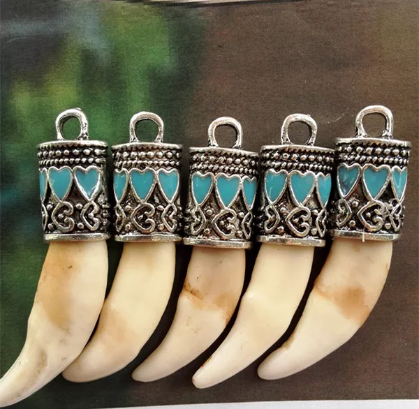 5PCS Tooth Bone Carve Blue Heart Enamel Heart Cap Tibet Amulet Pendant DIY BEADS