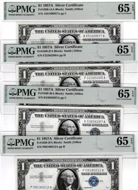 $1  1957 A  SILVER CERTIFICATE  Fr. 1620 VARIOUS BLOCKS - BUY ONE NOTE PMG 65