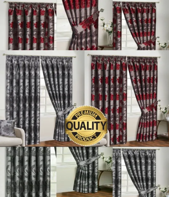 Jacquard Fully Lined Curtain Pair Ready Made Curtains Pencil Pleat Floral Design