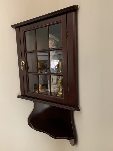 Vintage Dark Wood Corner Wall Mount Curio Cabinet W/Glass Door And Two Shelves Vintage Dark Wood Corner Wall Mount Curio Cabinet W/Glass Door And Two Shelves