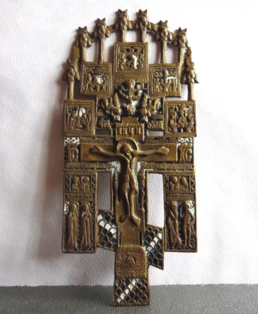 Antique Russian bronze cross with the Icons and Сherubs in the top 18-19c