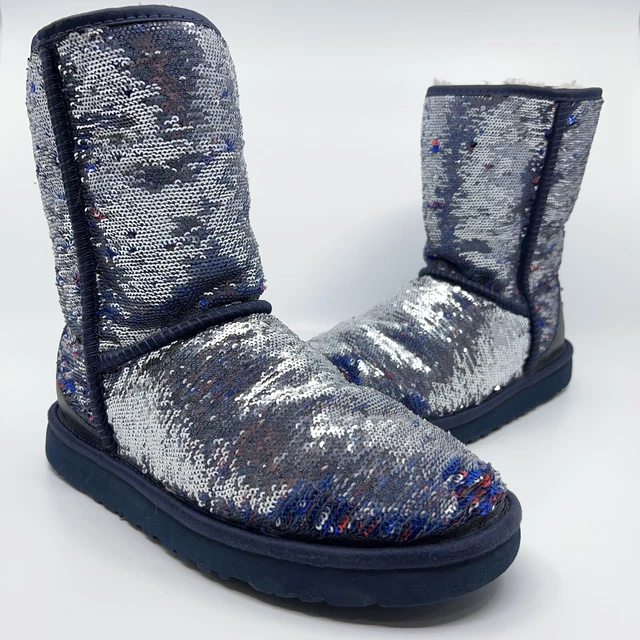 UGG Australia Women's Size 7 Blue Red Classic Sparkle Sequin Fur Lined Boots