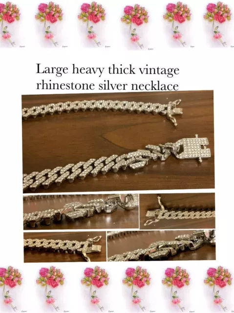 Large And Heavy Clear Rhinestone Linked Necklace 18" -Silver Tone Metal