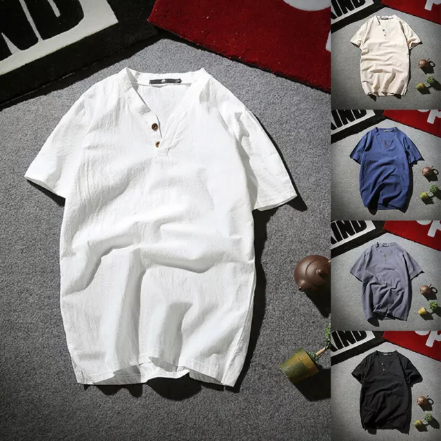 Camicia Da Uomo In Cotone E Lino Con Scollo A V T-Shirt Estiva Di Base Top ♪
