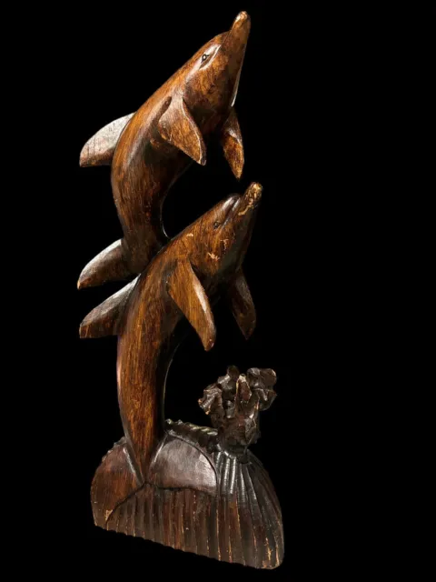 Lg Vintage Hand Carved Hard Wood DOUBLE DOLPHIN SCULPTURE  Figure 20" MCM