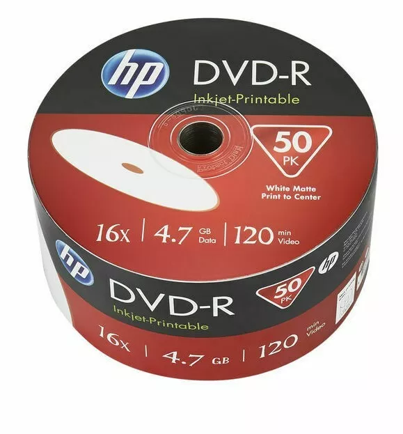 50 Genuine HP White Inkjet Printable DVD-R 16x 4.7GB 120 mins Blank Discs