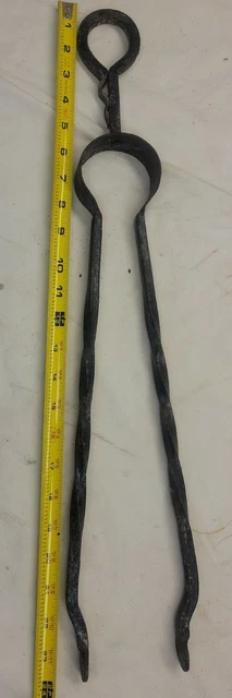Antique 18th-19th C Hand Forged Iron Hearth TONGS Spiral Twists FIREPLACE TOOL