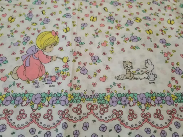 Rare Vintage Precious Moments Single Border White Fabric Pink Dress 1+Yards