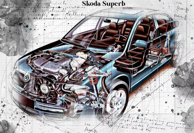 Line Tech Drawing   Skoda Superb     Auto Car Classic Cutaway Art Poster Print