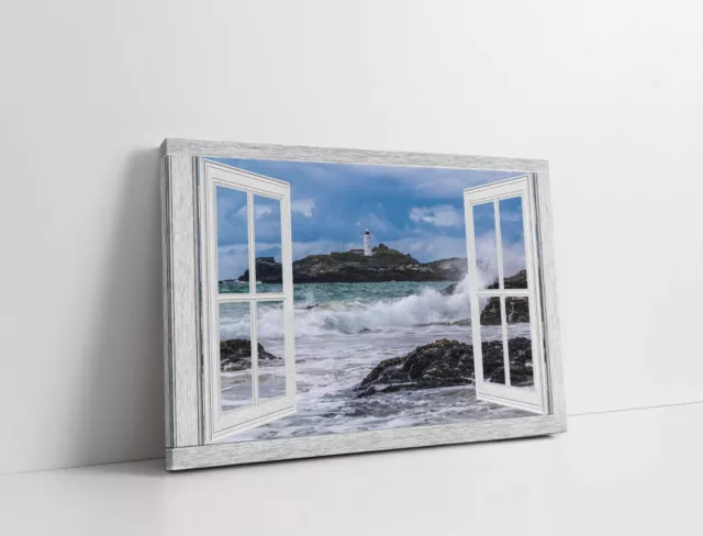 Godrevy lighthouse, Nr St Ives Cornwall. Window frame style Canvas picture print