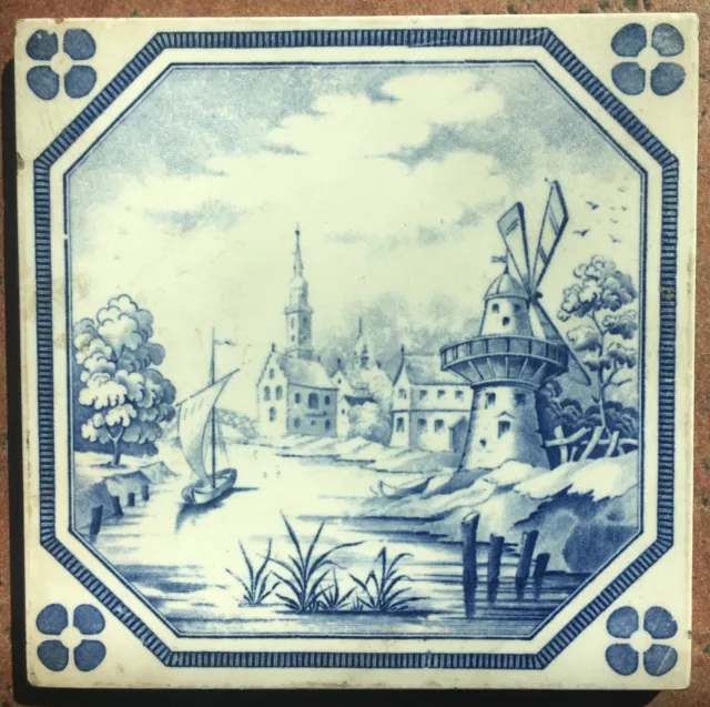 Antique  Dutch Delft Tile Blue & White Scenic w Church Boat