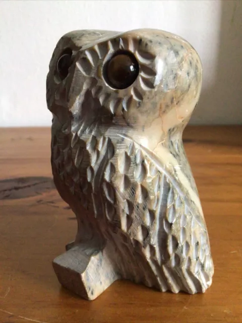 Marble Stone Owl Figurine Hand Carved Glass Tiger Eye Gem Stone Eyes Signed Base 2