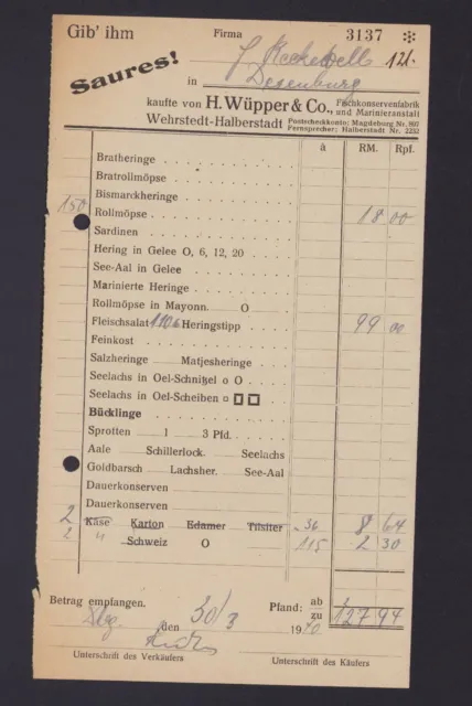 WEHRSTEDT-HALBERSTADT, Rechnung 1940, H. Wüpper & Co. Fisch-Konserven-Fabrik