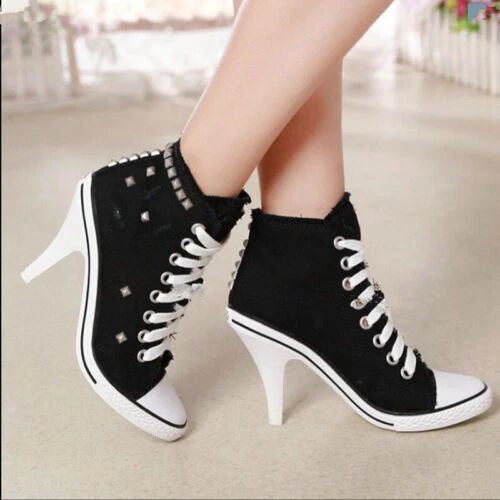 Women Canvas Shoes Denim High Heels Rivets Shoes Fashion Shoe Sneakers Pumps