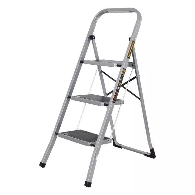 3 Step Ladder Heavy-Duty Steel, Non-Slip Rubber Steps, Foldable TOUGH MASTER