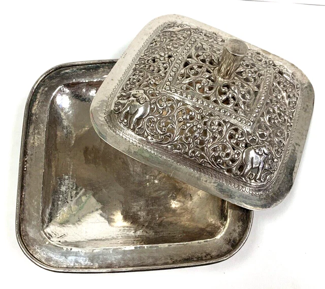 Vintage 950 Sterling Silver Myanmar Burmese Repousse Elephant Incense Footed Box