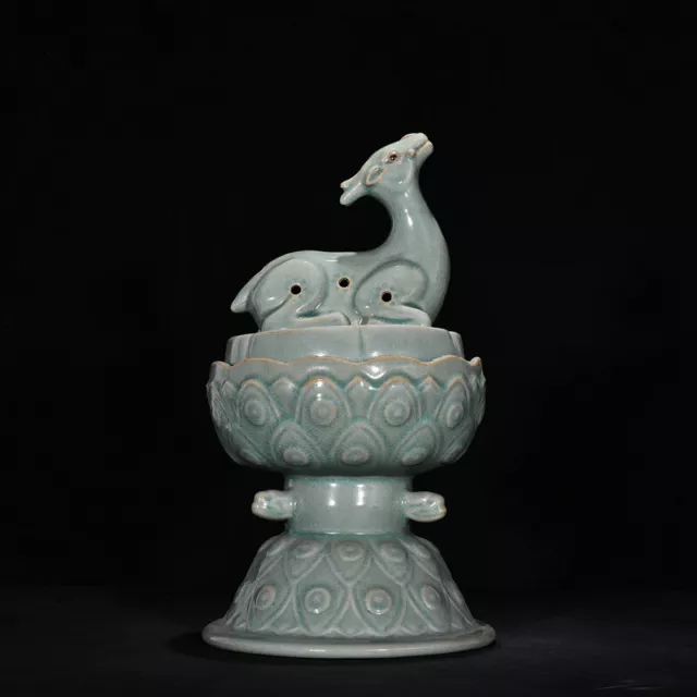 13.1" old antique song dynasty ru kiln Porcelain cyan glaze deer Incense burner