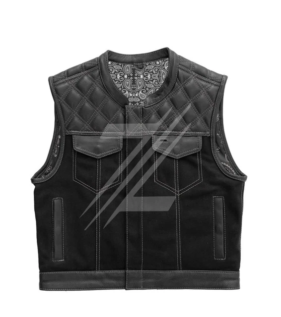 Men's Biker Vest Hunting Club Denim Motorcycle Diamond Quilted Vest Black/White