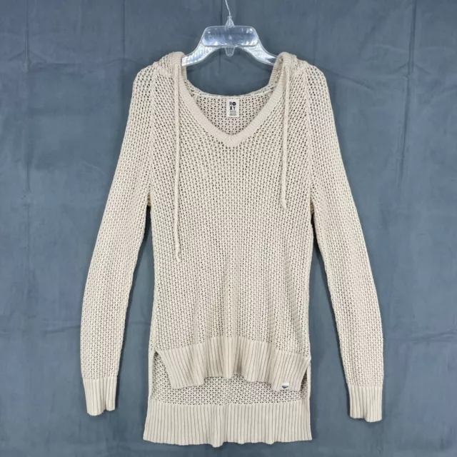 Roxy Top Womens Medium Beige Open Knit Crochet V-Neck Long Sleeve Hooded