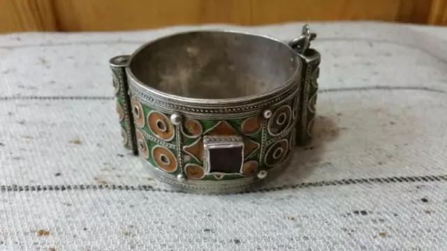 Antique Silver Berber Bracelet from Morocco with Enamel and Glass