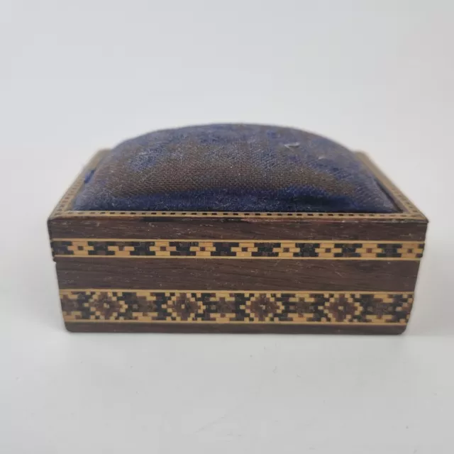 Antique Tunbridge Ware Inlaid Wood Pin Cushion Box 7.3cm Long