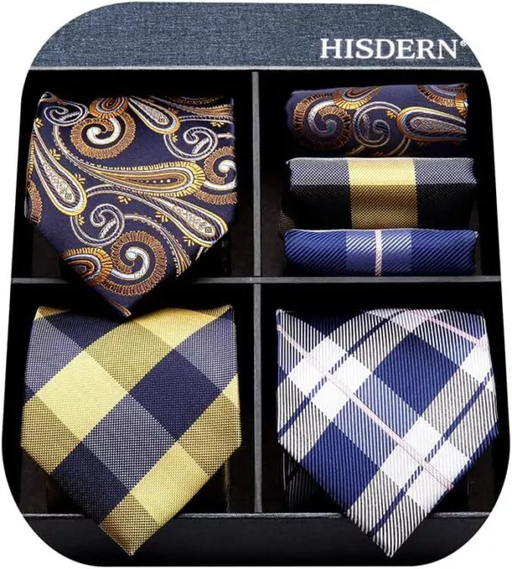 HISDERN Mens Ties Extra Long Tie and Pocket Square Set 63 Inch XL Tie Pack Colle