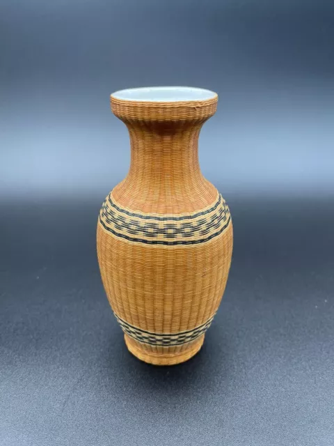 Vintage Fine Woven Bamboo Wrapped Encased Porcelain Vase Chinese Crafted 5.5”