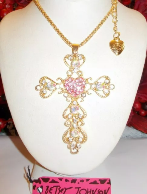 Betsey Johnson Beautiful Crystal Inlay Pink Center Heart Cross Necklace