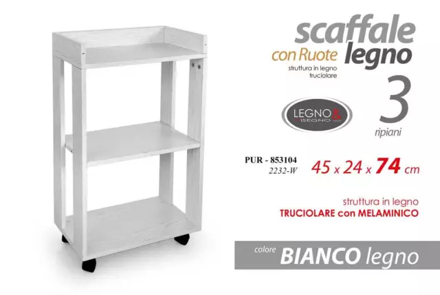 Scaffale Con Ruote Carrello Cucina Salotto Bagno Legno Bianco 45*24*H74