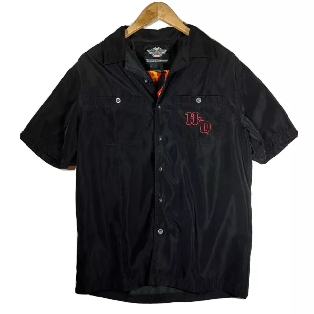 Harley Davidson Mens Embroidered Flame Button Down Shirt SMALL Black Shortsleeve