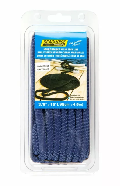 SEACHOICE Double-Braid Nylon Dock Line 3/8" x 15' Navy Blue (39831) ~ New ~