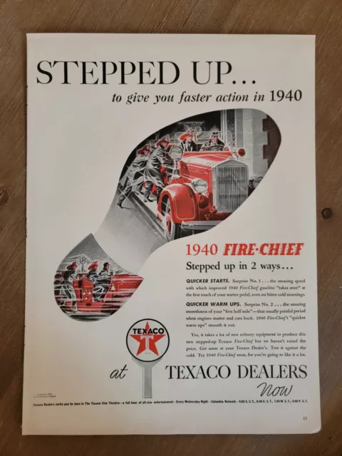 Vintage 1940 Texaco Gas Gasoline Fire Chief Stepped Up Print Ad Advertisement