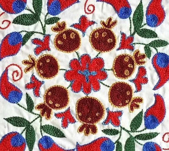 "DOS BORDADOS DE SEDA UZBEKA EN UN PANEL DE TELA DE ALGODÓN - 20"" x 40""