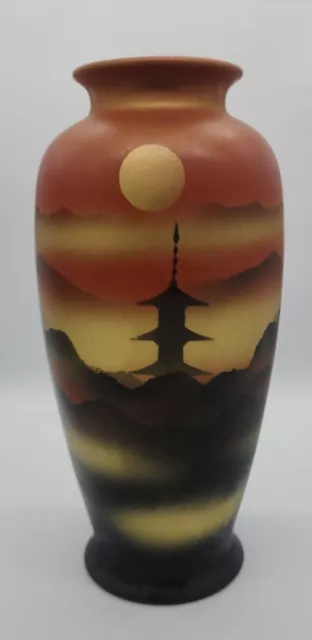 MCM Japanese Utsuwa Airbrush Landscape Pagoda Mountains Ceramic Floor Vase
