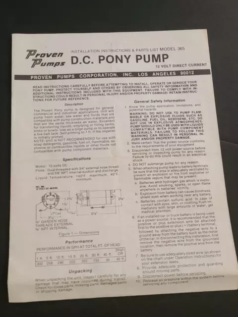 D.C. Pony Pump Model 365 Proven Pumps Installation Instructions & Parts List